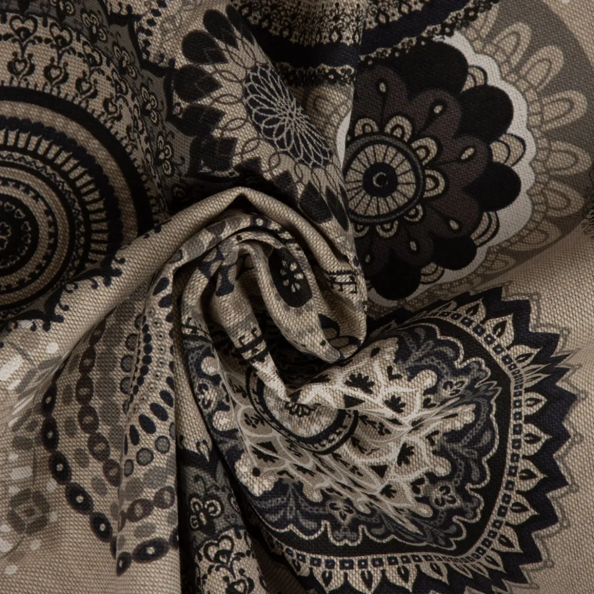 Dekostoff Halbpanama Leinenlook Mandalas natur grau 1,40m Breite