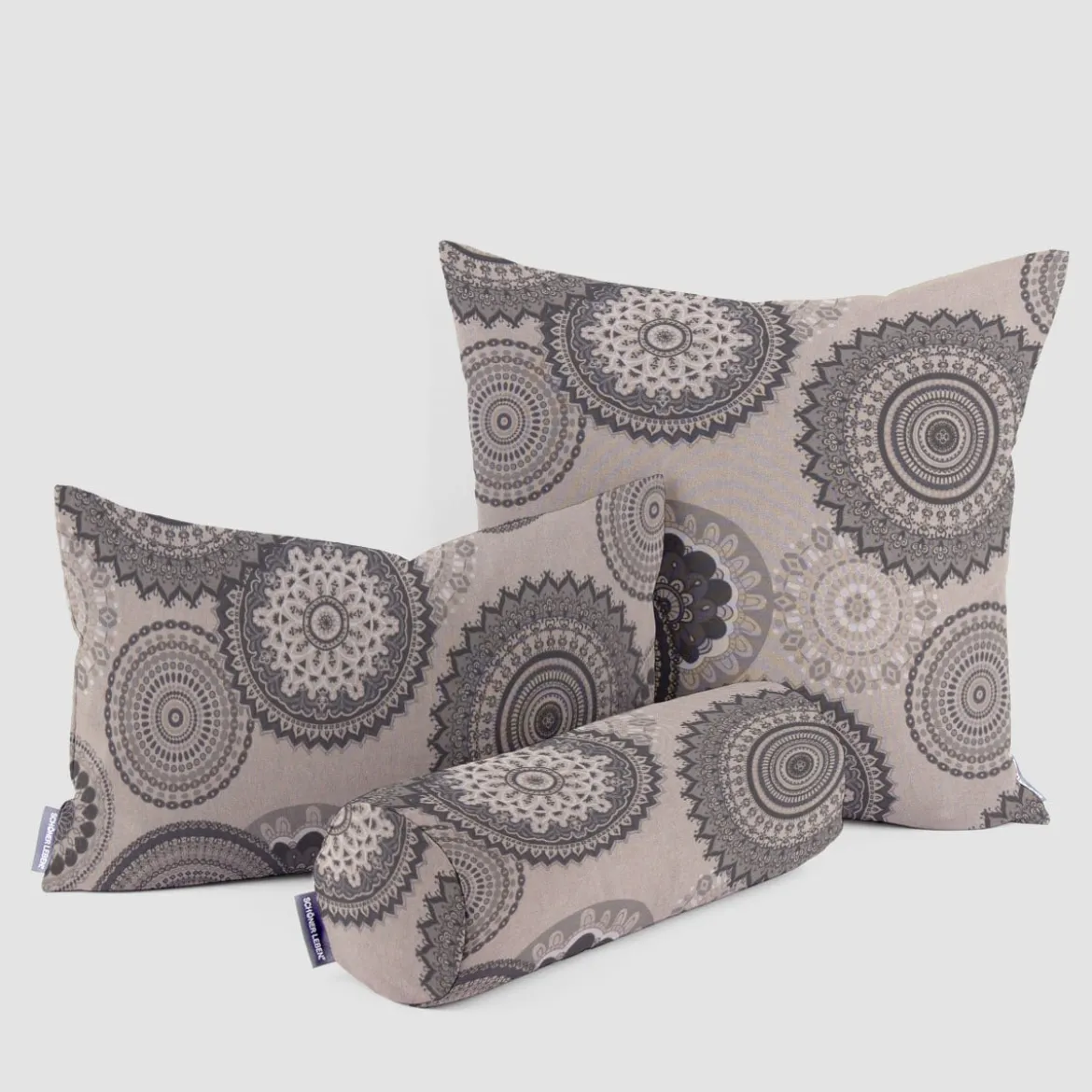 Dekostoff Halbpanama Leinenlook Mandalas natur grau 1,40m Breite