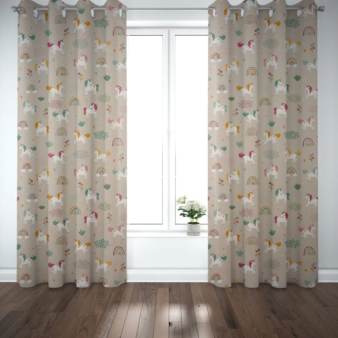 Dekostoff Halbpanama Leinenlook Einhörner Regenbogen natur bunt 1,40m Breite