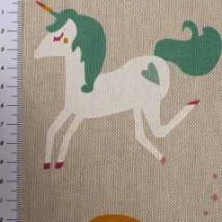 Dekostoff Halbpanama Leinenlook Einhörner Regenbogen natur bunt 1,40m Breite