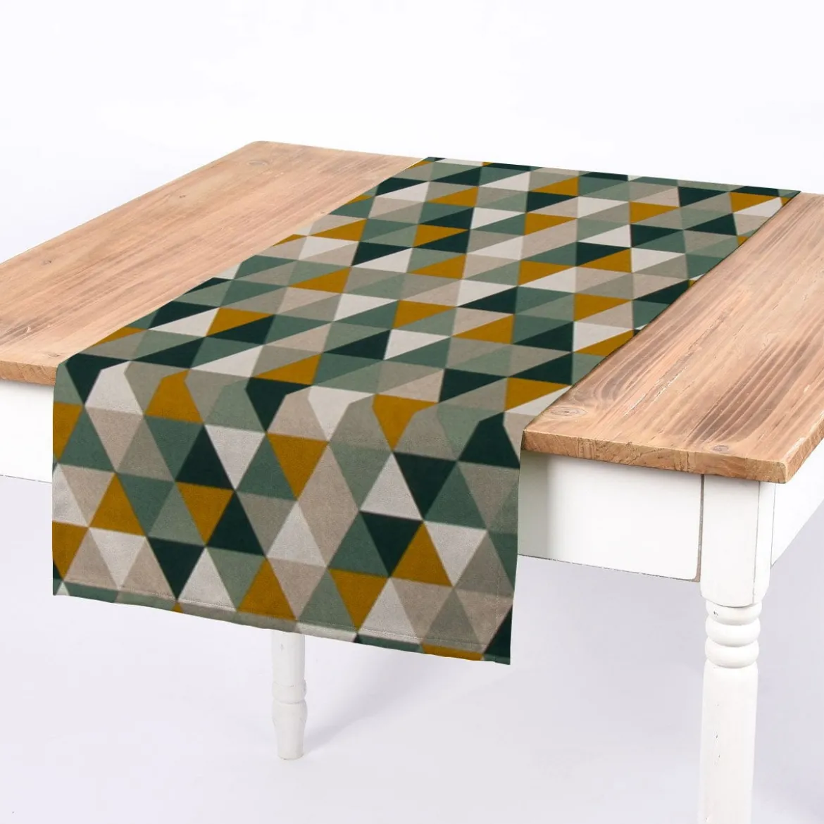 Dekostoff Halbpanama Leinenlook Dreiecke natur grün gelb 1,40m Breite