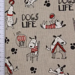 Dekostoff Halbpanama Leinenlook Hunde Dackel Dogs Life natur weiß rot 1,40m Breite