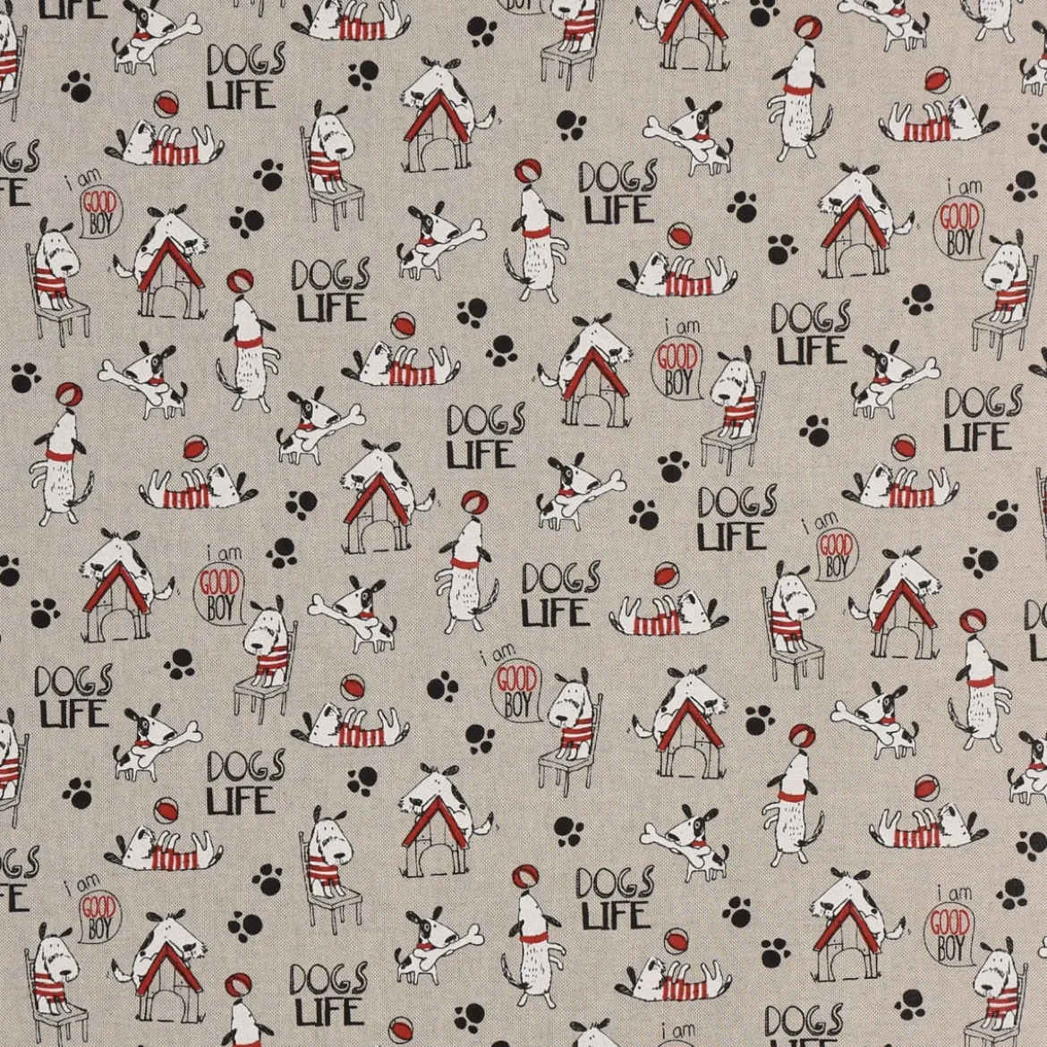 Dekostoff Halbpanama Leinenlook Hunde Dackel Dogs Life natur weiß rot 1,40m Breite