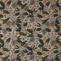 Dekostoff Halbpanama Leinenlook Blätter Leopard Dschungel natur grün gelb 1,40m Breite