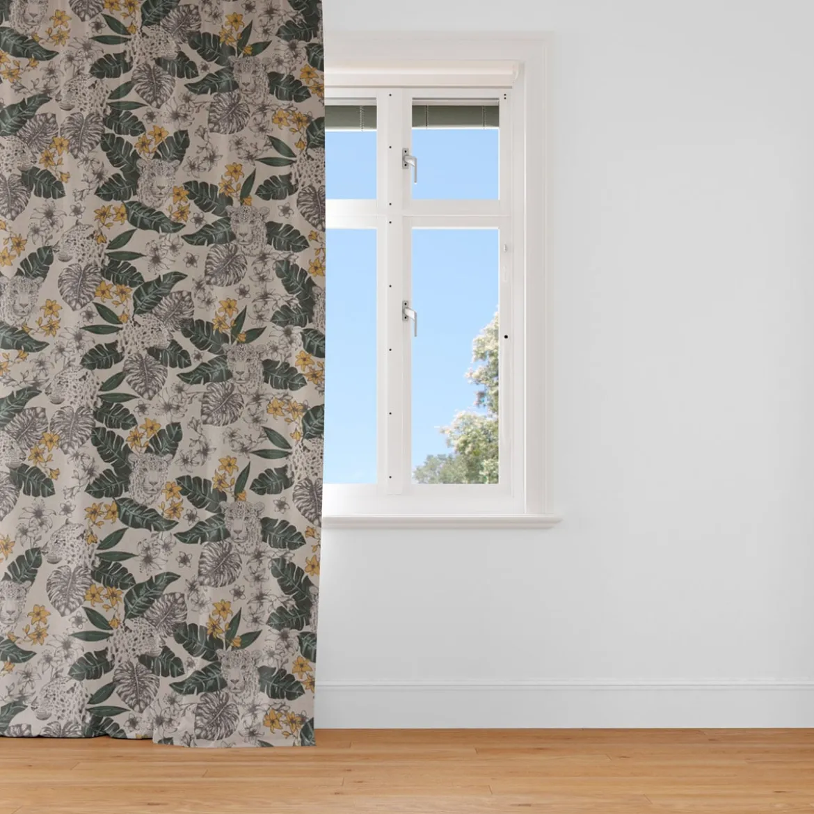 Dekostoff Halbpanama Leinenlook Blätter Leopard Dschungel natur grün gelb 1,40m Breite