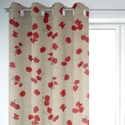 Dekostoff Halbpanama Leinenlook Mohnblumen Schriftzug natur rot grün weiß 1,40m Breite