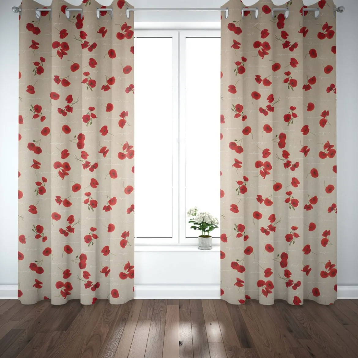 Dekostoff Halbpanama Leinenlook Mohnblumen Schriftzug natur rot grün weiß 1,40m Breite