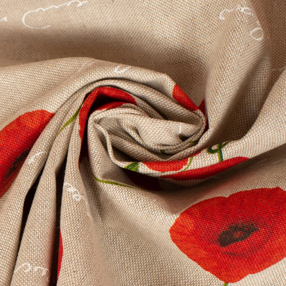 Dekostoff Halbpanama Leinenlook Mohnblumen Schriftzug natur rot grün weiß 1,40m Breite