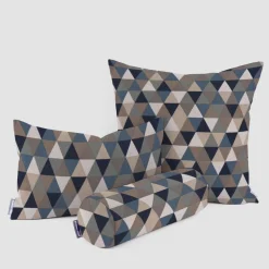 Dekostoff Halbpanama Leinenlook Dreiecke blau grau 1,40m Breite