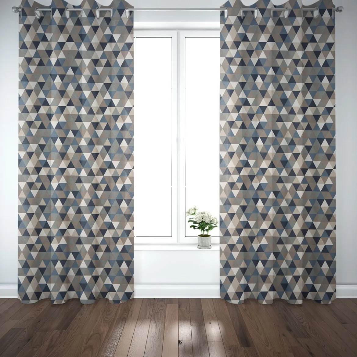Dekostoff Halbpanama Leinenlook Dreiecke blau grau 1,40m Breite