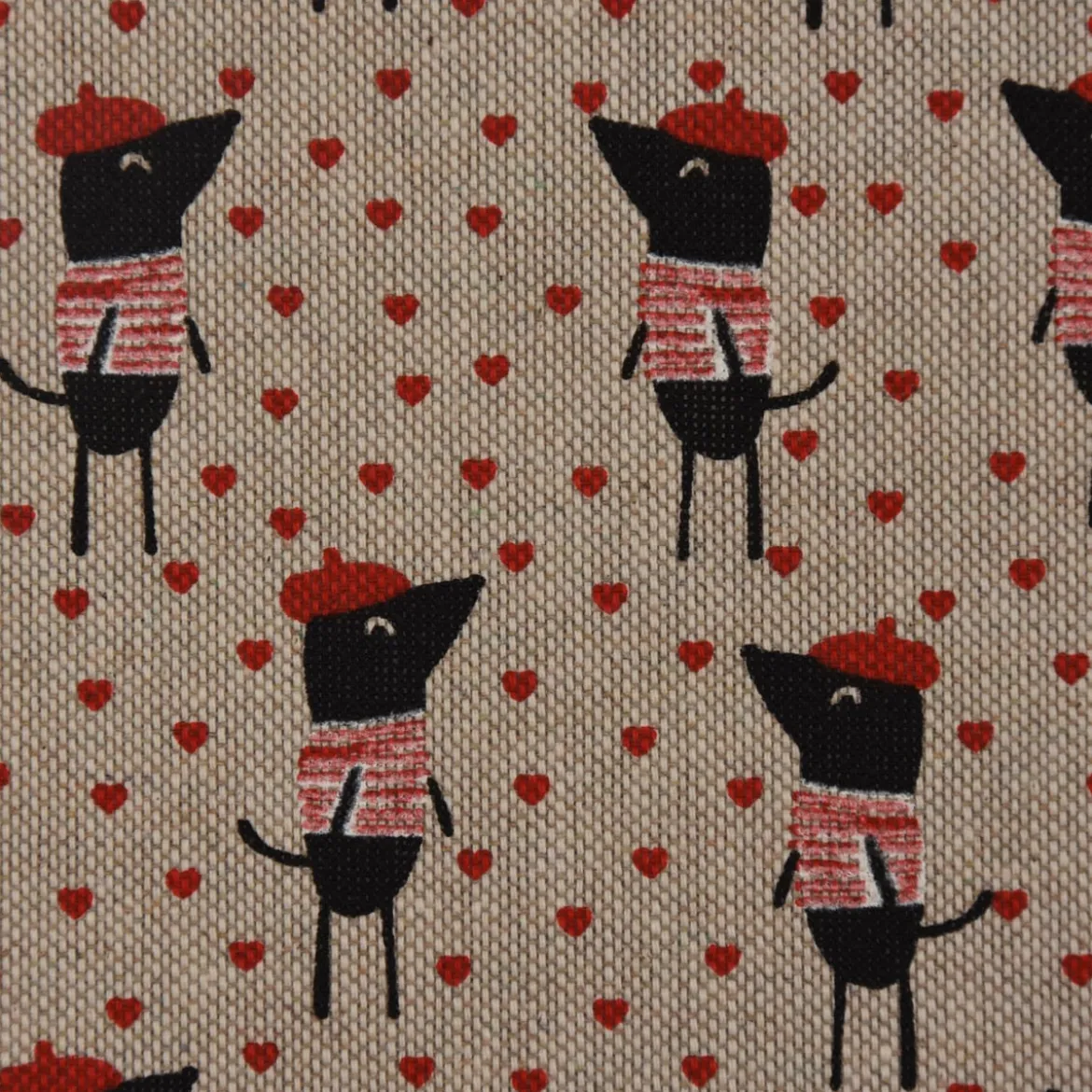 Dekostoff Halbpanama Leinenlook Frankreich Paris Dackel natur schwarz rot 1,40m Breite