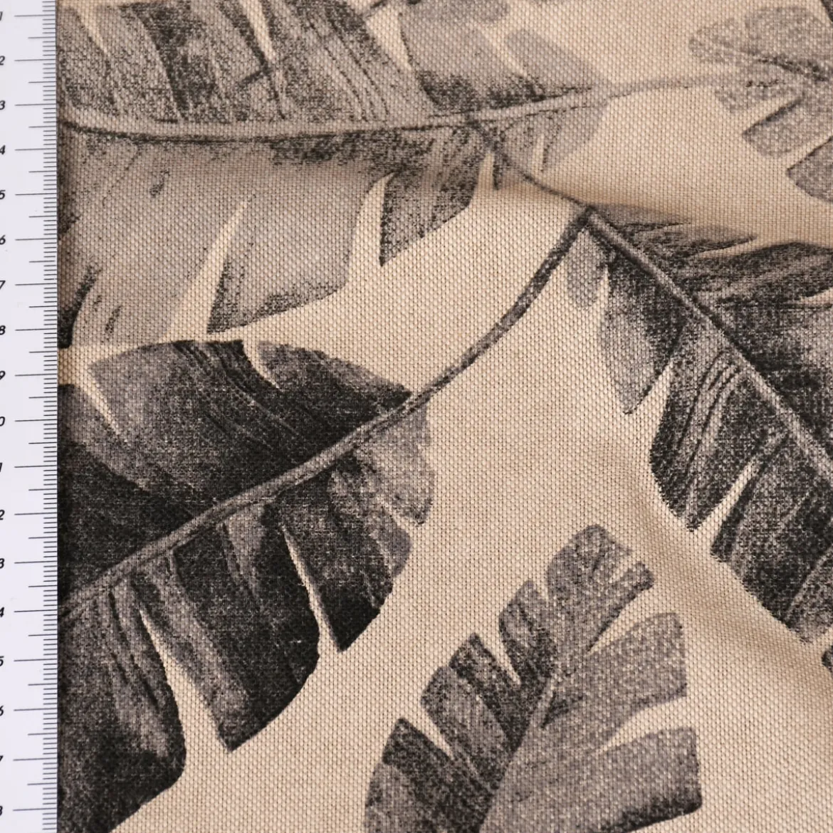 Dekostoff Halbpanama Leinenlook Safari Leaves Palmenblätter natur grau 1,40m Breite
