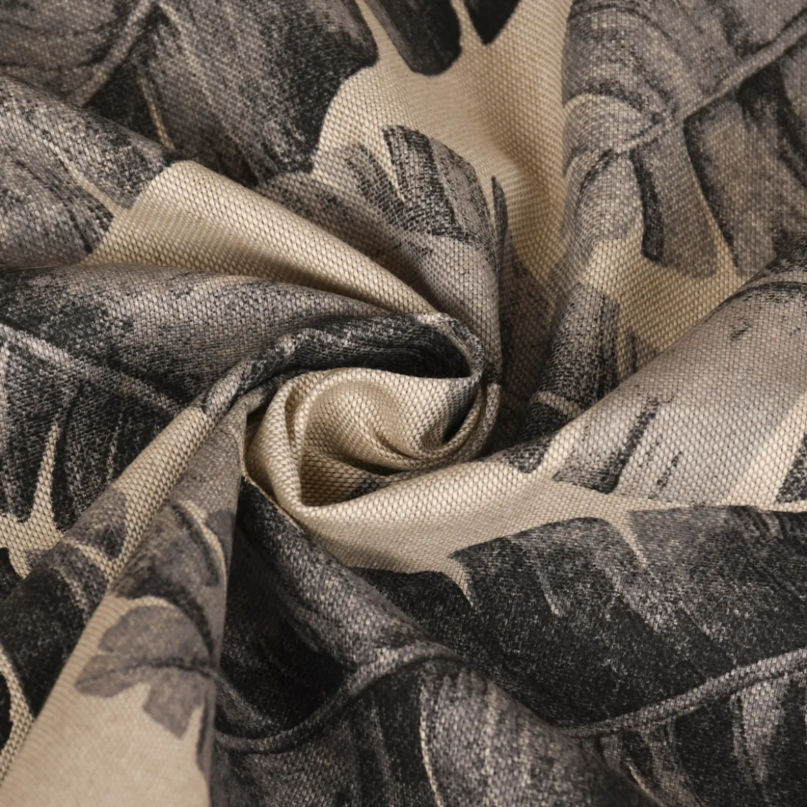 Dekostoff Halbpanama Leinenlook Safari Leaves Palmenblätter natur grau 1,40m Breite