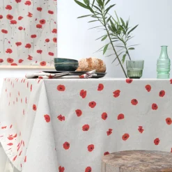 Dekostoff Halbpanama Leinenlook Poppy Field Mohnblumen natur rot 1,40m Breite
