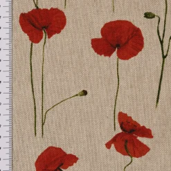 Dekostoff Halbpanama Leinenlook Poppy Field Mohnblumen natur rot 1,40m Breite