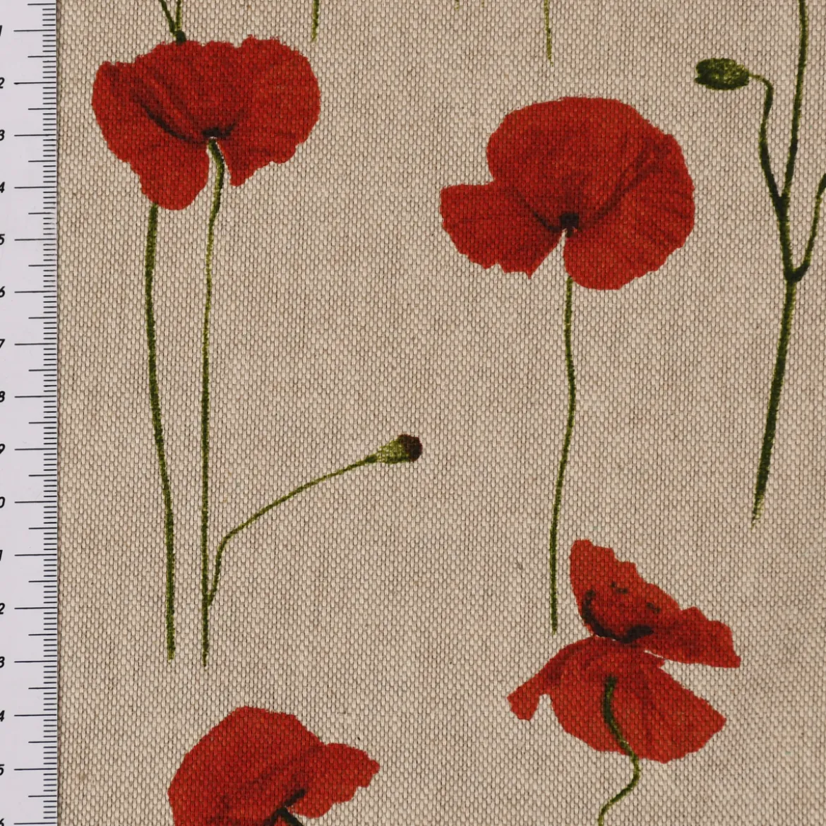 Dekostoff Halbpanama Leinenlook Poppy Field Mohnblumen natur rot 1,40m Breite
