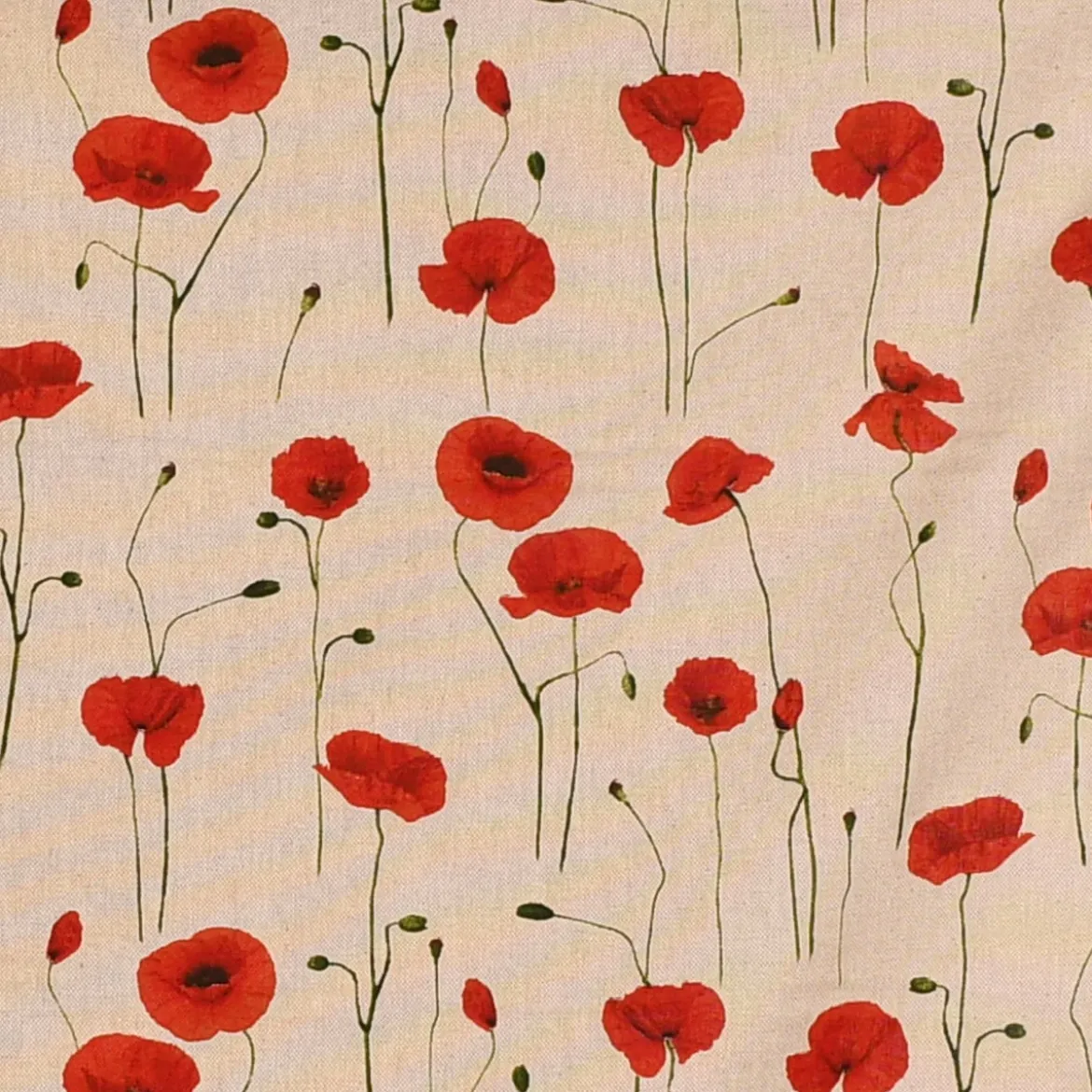 Dekostoff Halbpanama Leinenlook Poppy Field Mohnblumen natur rot 1,40m Breite