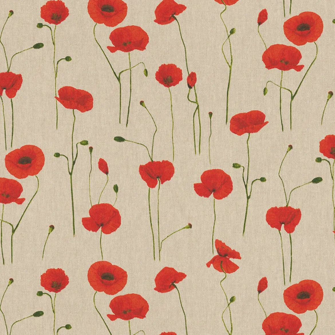 Dekostoff Halbpanama Leinenlook Poppy Field Mohnblumen natur rot 1,40m Breite