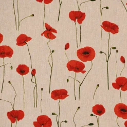 Dekostoff Halbpanama Leinenlook Poppy Field Mohnblumen natur rot 1,40m Breite