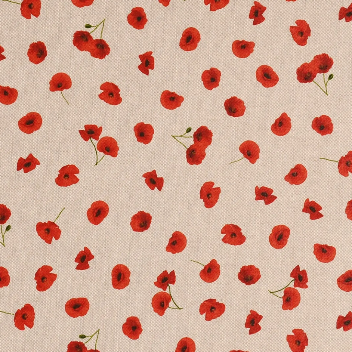 Dekostoff Halbpanama Leinenlook Poppy Flower Mohnblüten Allover natur rot 1,40m Breite