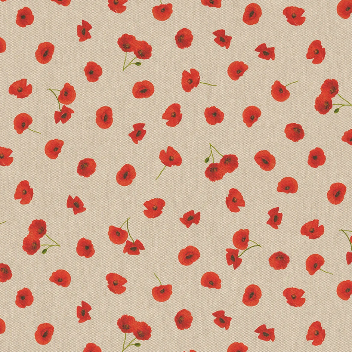 Dekostoff Halbpanama Leinenlook Poppy Flower Mohnblüten Allover natur rot 1,40m Breite