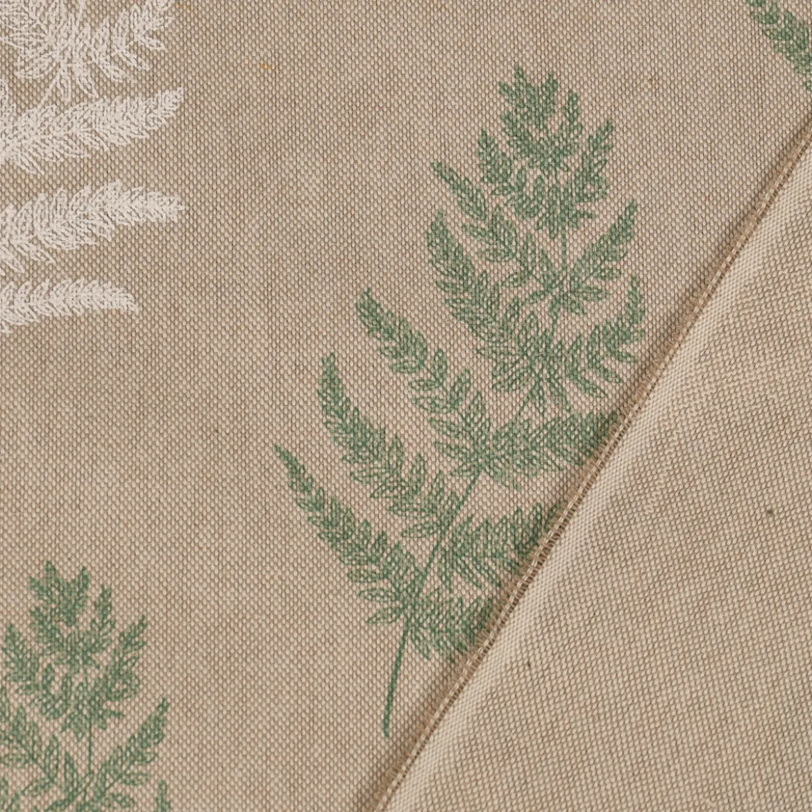 Dekostoff Halbpanama Leinenlook Fragile Fern Farnblätter natur grün 1,40m Breite