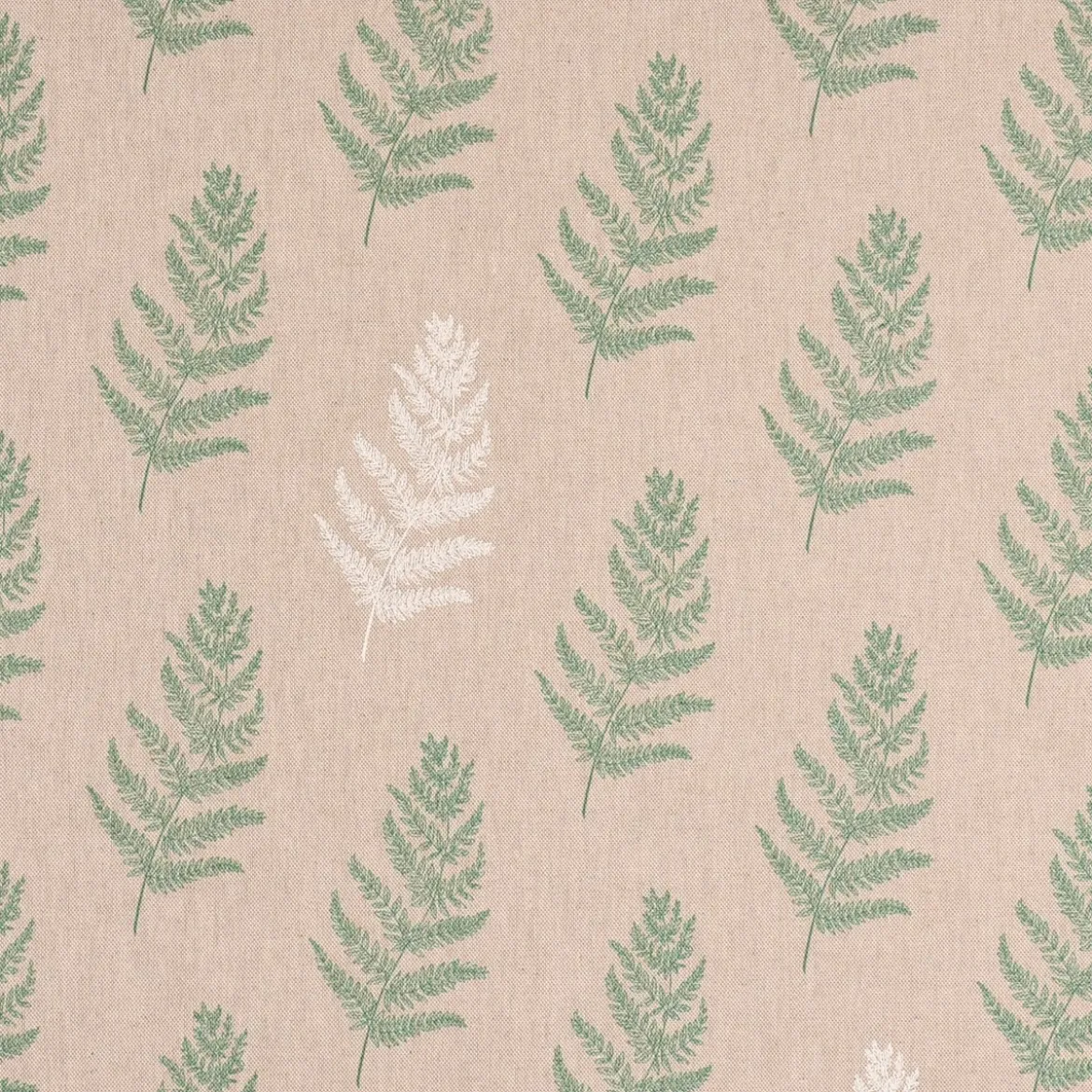 Dekostoff Halbpanama Leinenlook Fragile Fern Farnblätter natur grün 1,40m Breite