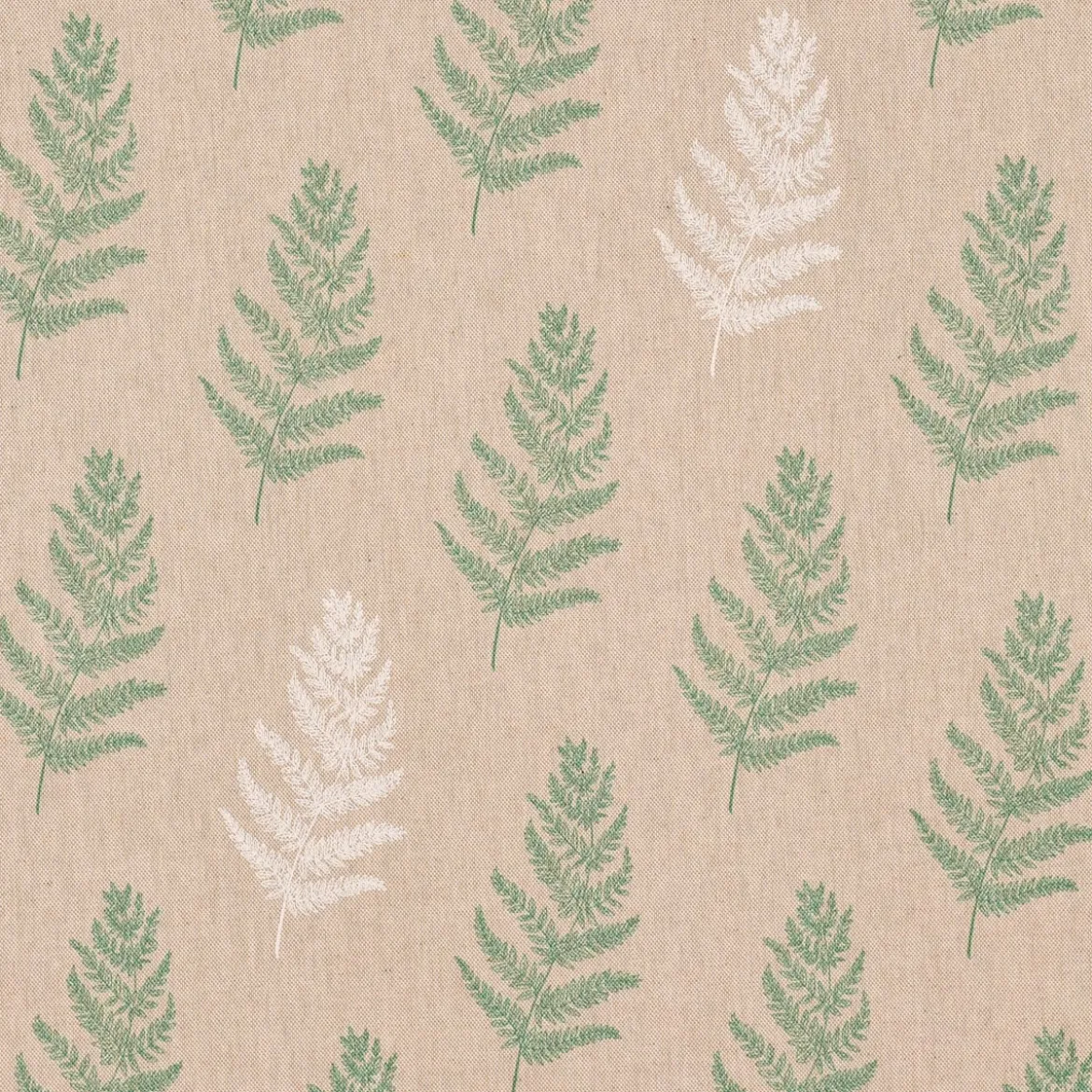 Dekostoff Halbpanama Leinenlook Fragile Fern Farnblätter natur grün 1,40m Breite
