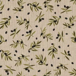 Dekostoff Halbpanama Leinenlook Black Olive Olivenzweige natur 1,40m Breite