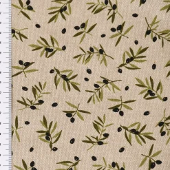Dekostoff Halbpanama Leinenlook Black Olive Olivenzweige natur 1,40m Breite