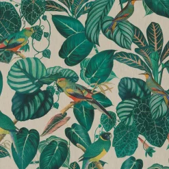 Dekostoff Halbpanama Leinenlook Calathea Leaves Blätter Papageien natur grün 1,40m Breite