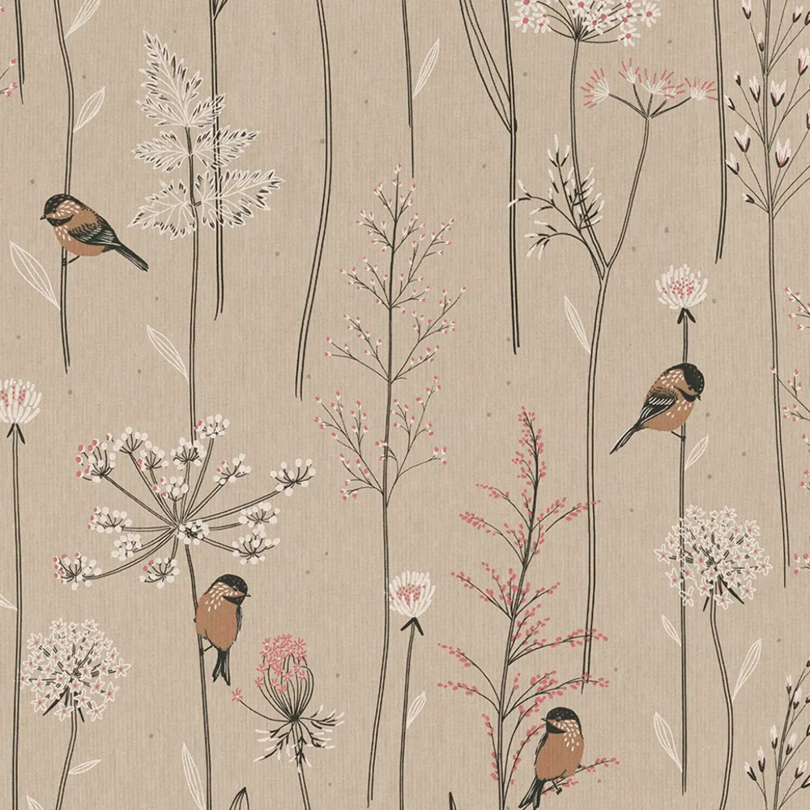 Dekostoff Halbpanama Leinenlook Soft Branch Blüten Gräser Vögel natur rosa 1,40m Breite