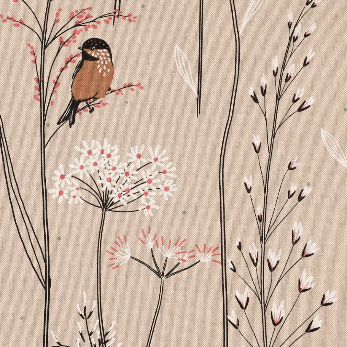 Dekostoff Halbpanama Leinenlook Soft Branch Blüten Gräser Vögel natur rosa 1,40m Breite