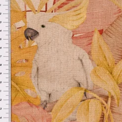 Dekostoff Halbpanama Leinenlook Royal Cockatoo Palmenblätter Kakadus natur gelb rosa 1,40m Breite