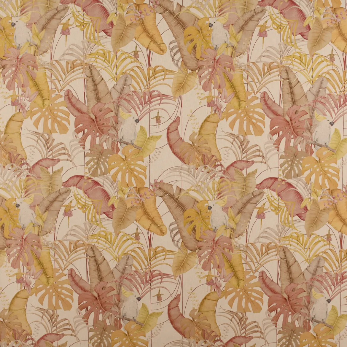 Dekostoff Halbpanama Leinenlook Royal Cockatoo Palmenblätter Kakadus natur gelb rosa 1,40m Breite