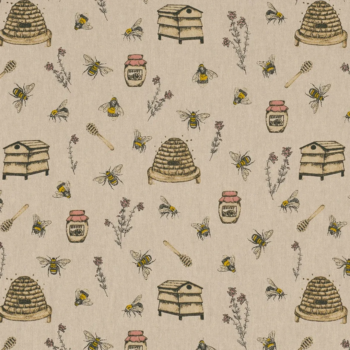 Dekostoff Halbpanama Leinenlook Bee Honey Buzzing Honig Bienen Korb natur gelb 1,40m Breite