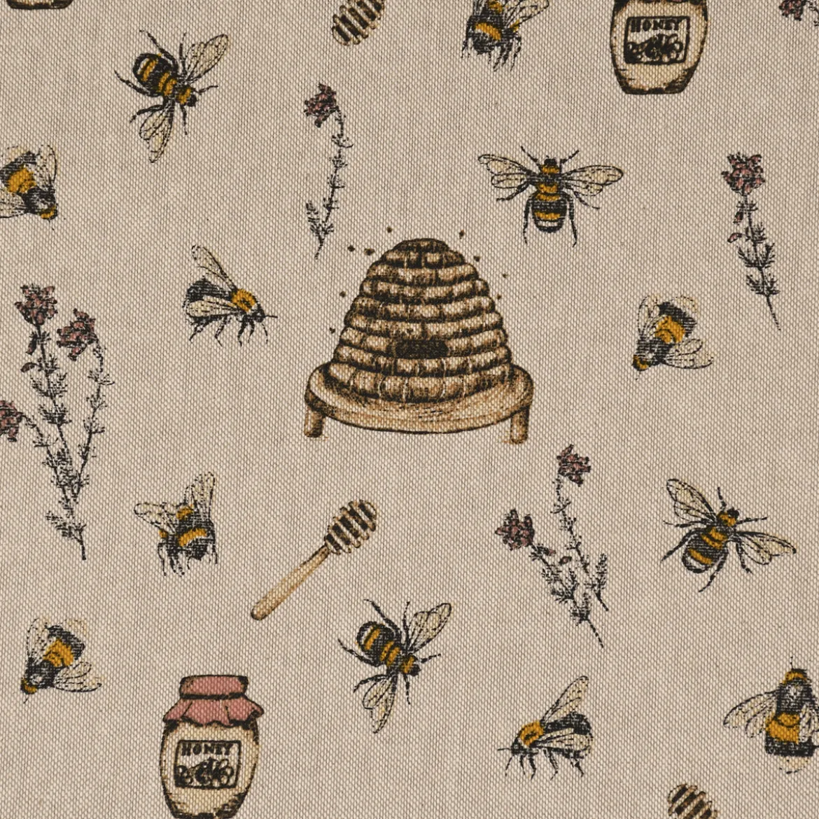 Dekostoff Halbpanama Leinenlook Bee Honey Buzzing Honig Bienen Korb natur gelb 1,40m Breite