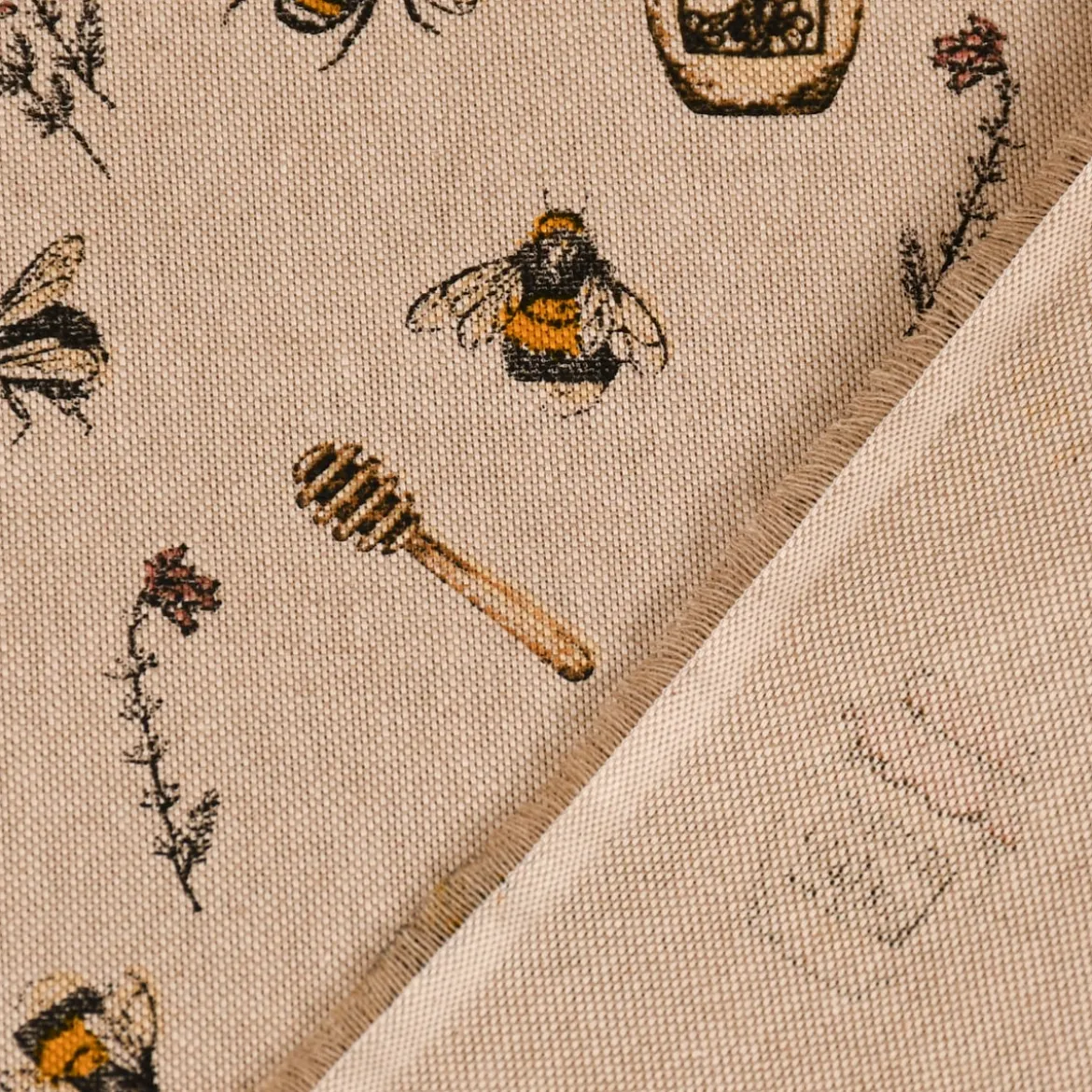 Dekostoff Halbpanama Leinenlook Bee Honey Buzzing Honig Bienen Korb natur gelb 1,40m Breite