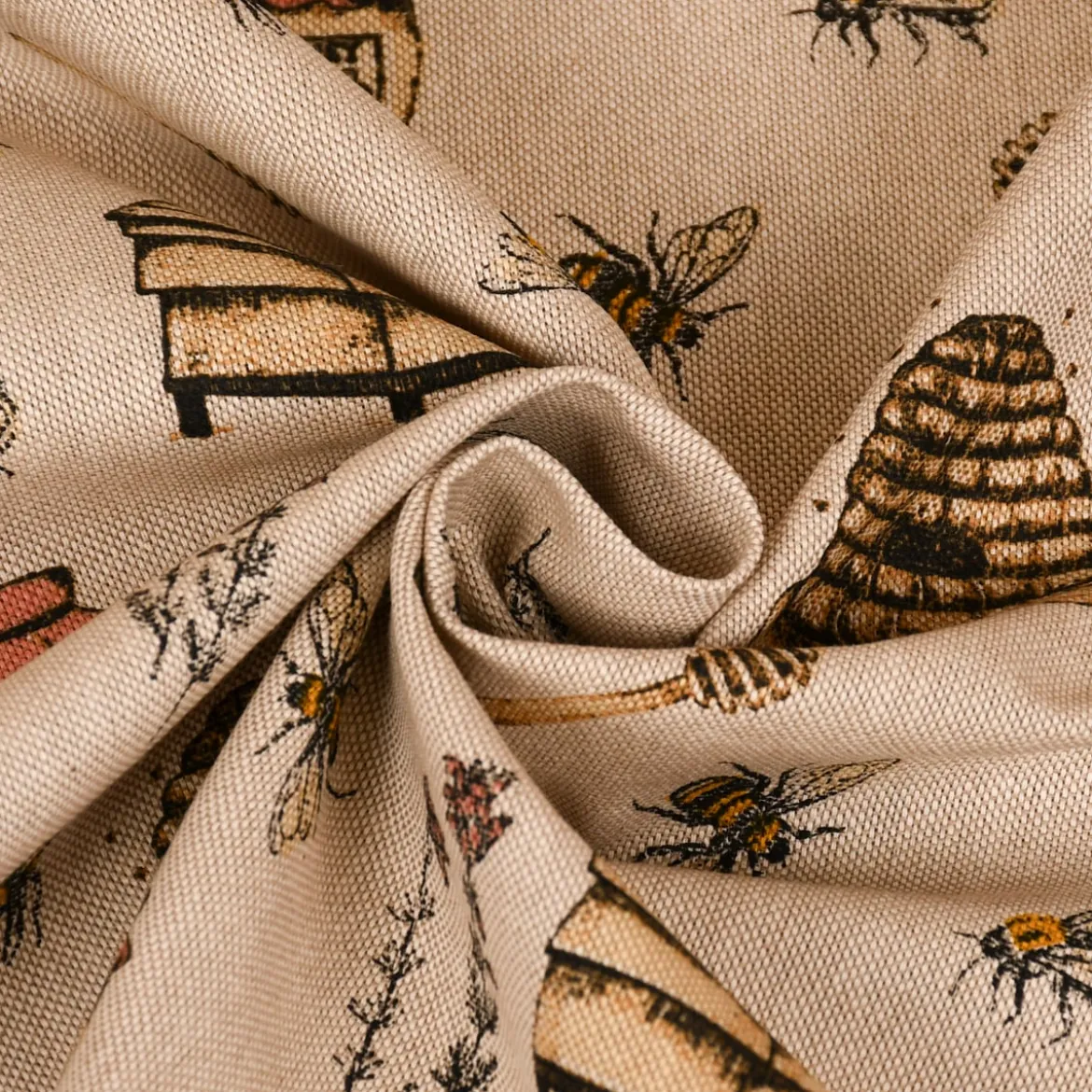 Dekostoff Halbpanama Leinenlook Bee Honey Buzzing Honig Bienen Korb natur gelb 1,40m Breite
