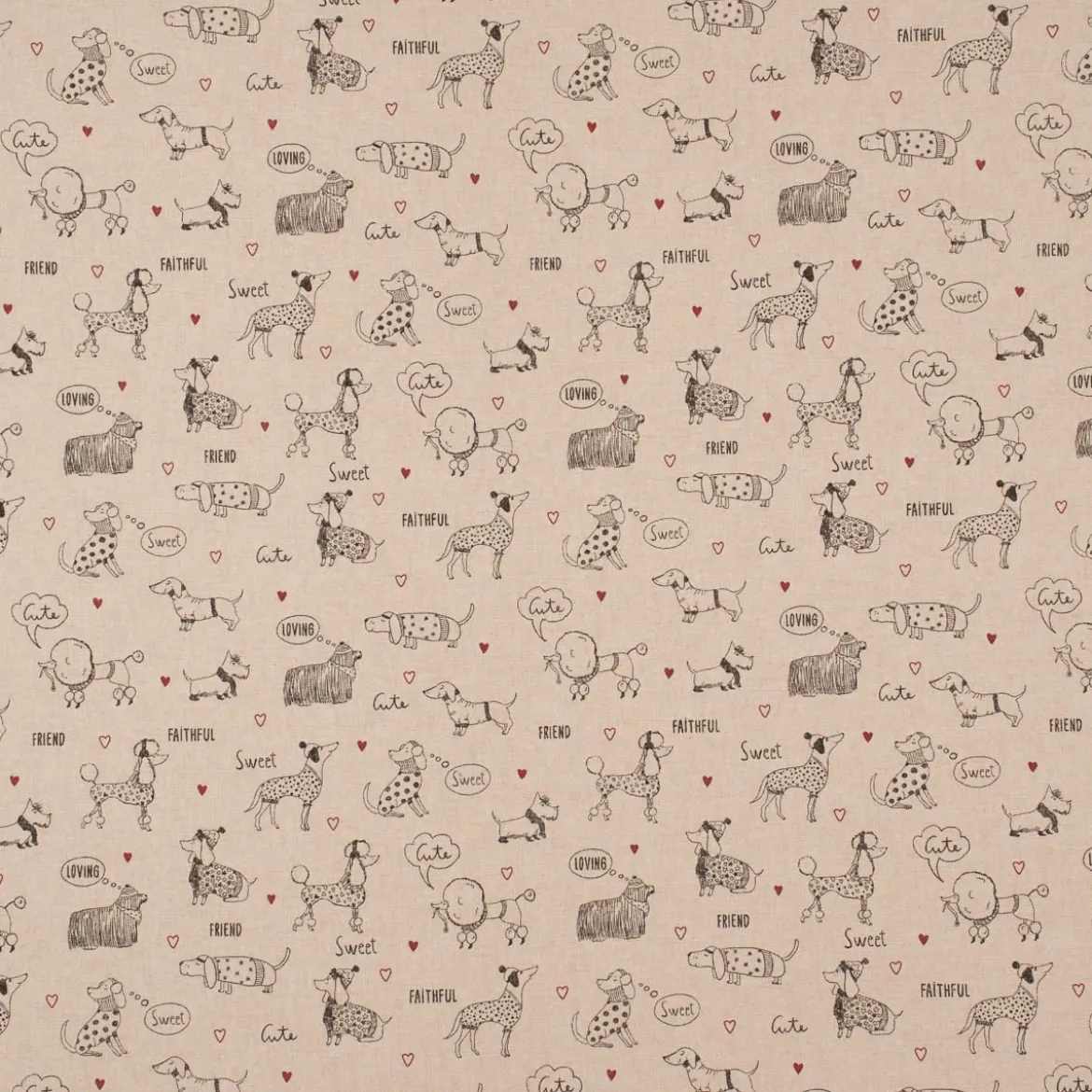 Dekostoff Halbpanama Leinenlook Doggie Friends Hunde natur schwarz 1,40m Breite