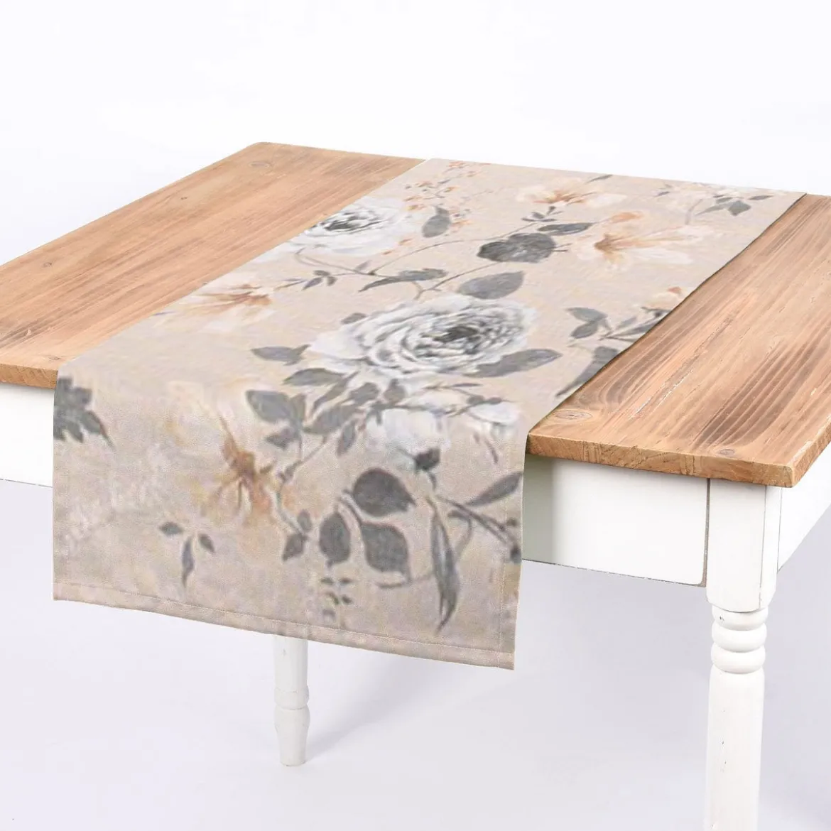 Dekostoff Halbpanama Leinenoptik Romantic Flower Rosen beige grau 140cm Breite