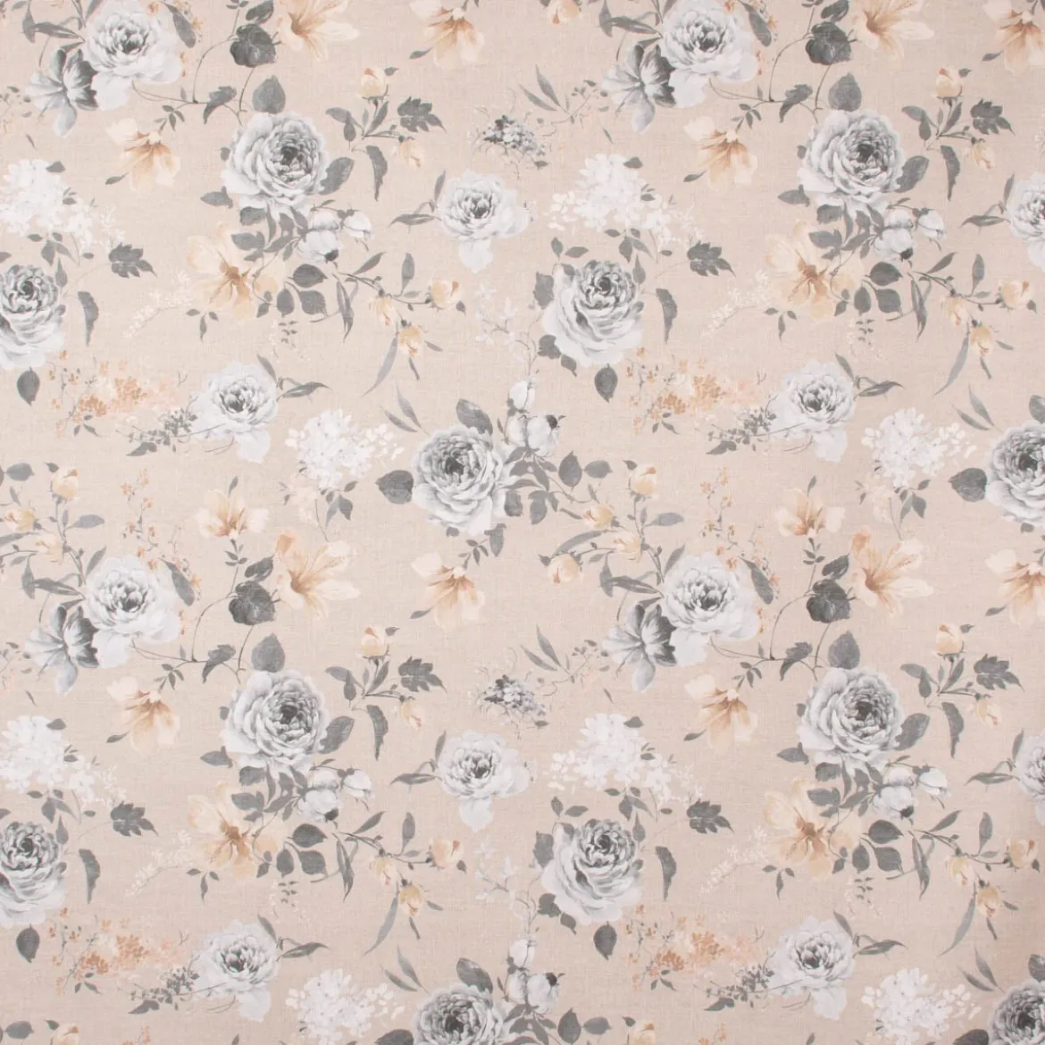 Dekostoff Halbpanama Leinenoptik Romantic Flower Rosen beige grau 140cm Breite