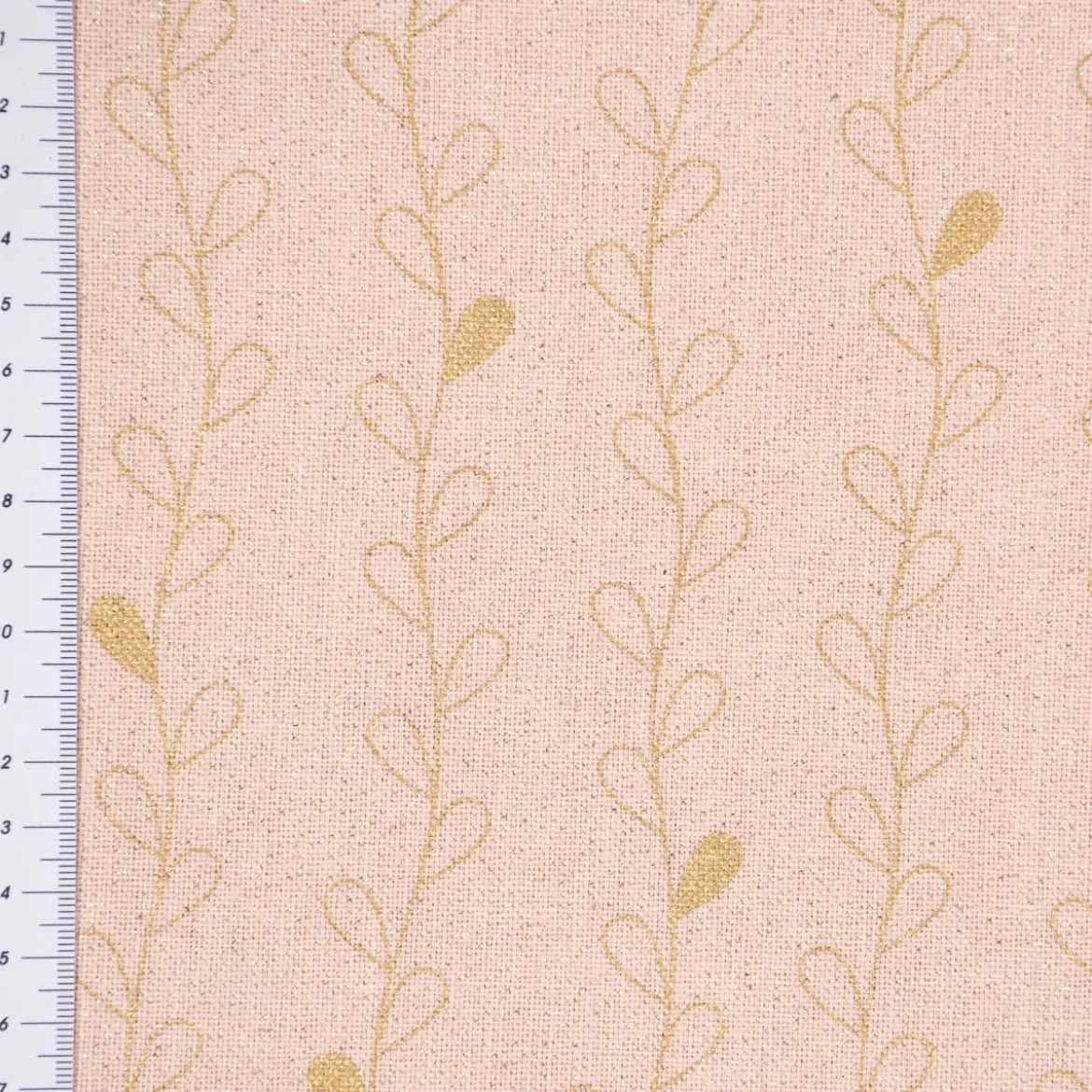 Dekostoff Halbpanama Leinenlook Metallic Blätterranken rosa goldfarbig 1,40m Breite