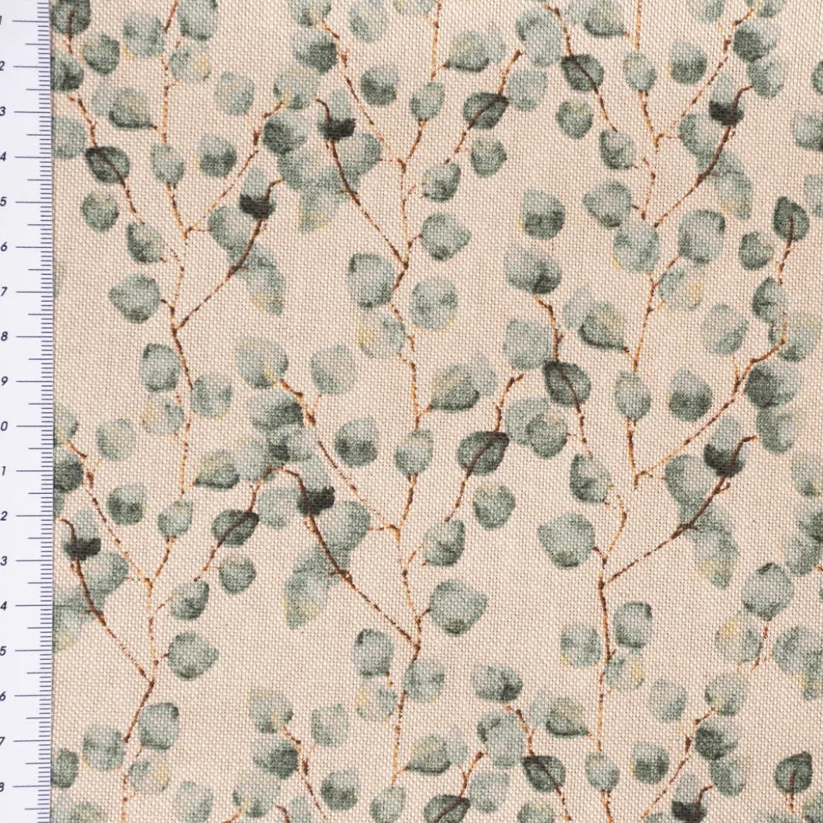 Dekostoff Halbpanama Leinenlook Little Eukalyptus Leaves Mini Eukalyptusblätter natur grün 1,40m Breite