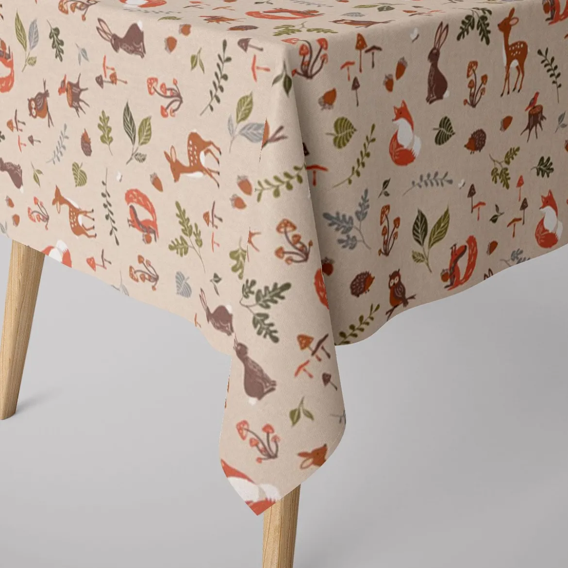 Dekostoff Halbpanama Leinenlook Forest Wood Animals Waldtiere Pilze Blätter natur braun grün 1,40m Breite