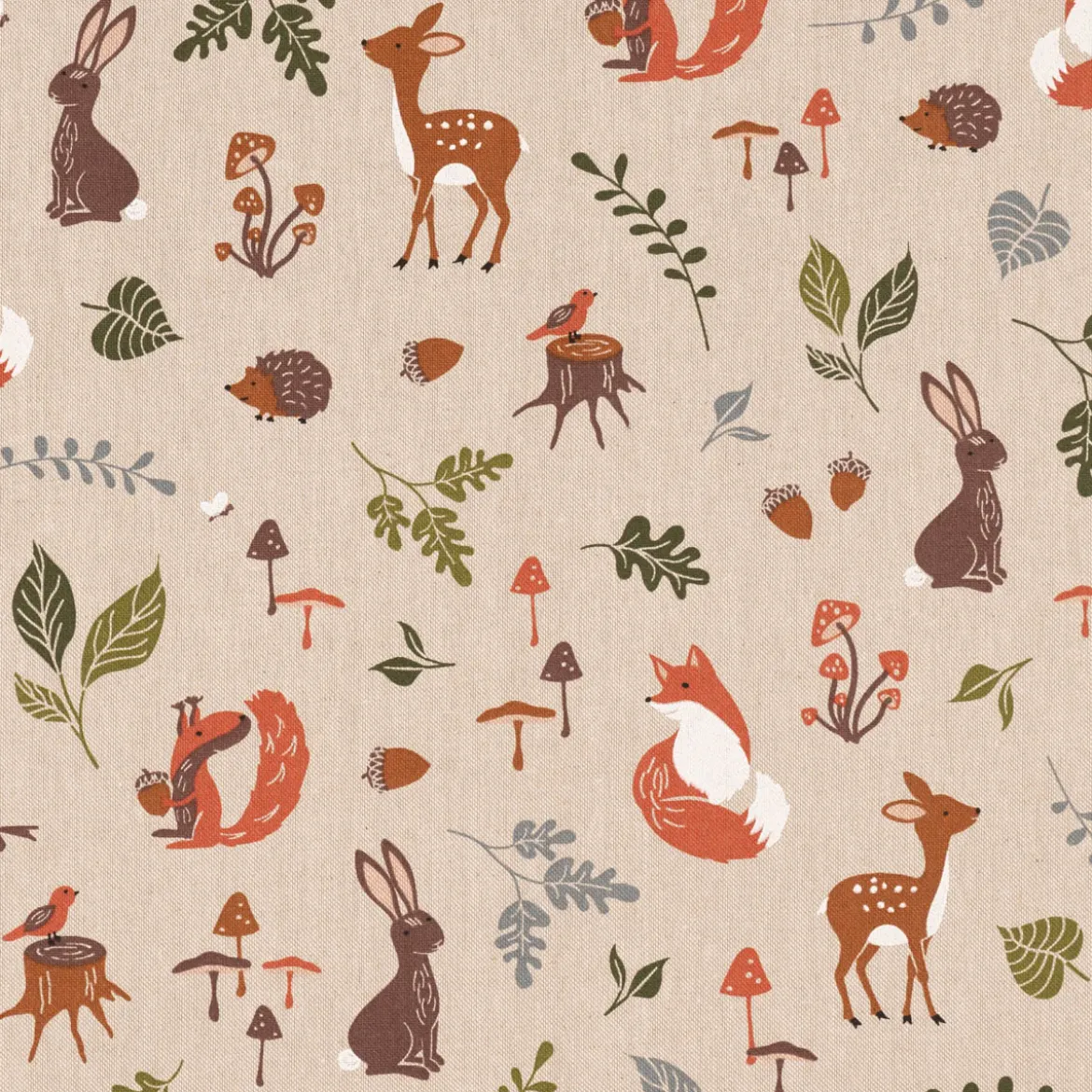 Dekostoff Halbpanama Leinenlook Forest Wood Animals Waldtiere Pilze Blätter natur braun grün 1,40m Breite