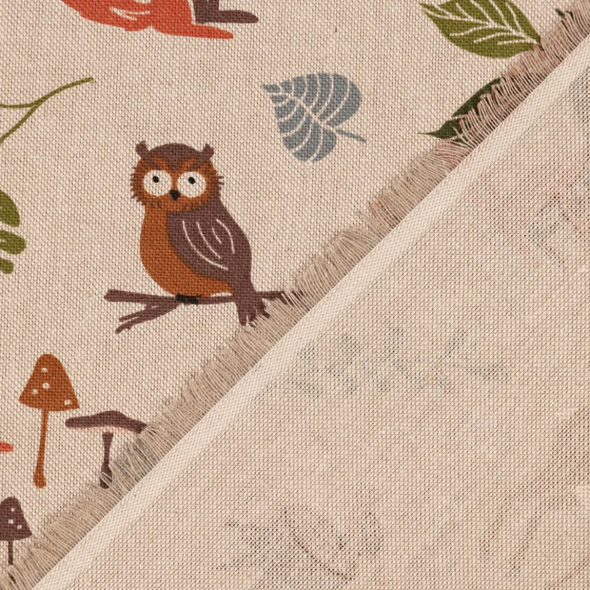 Dekostoff Halbpanama Leinenlook Forest Wood Animals Waldtiere Pilze Blätter natur braun grün 1,40m Breite