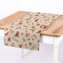 Dekostoff Halbpanama Leinenlook Forest Wood Animals Waldtiere Pilze Blätter natur braun grün 1,40m Breite