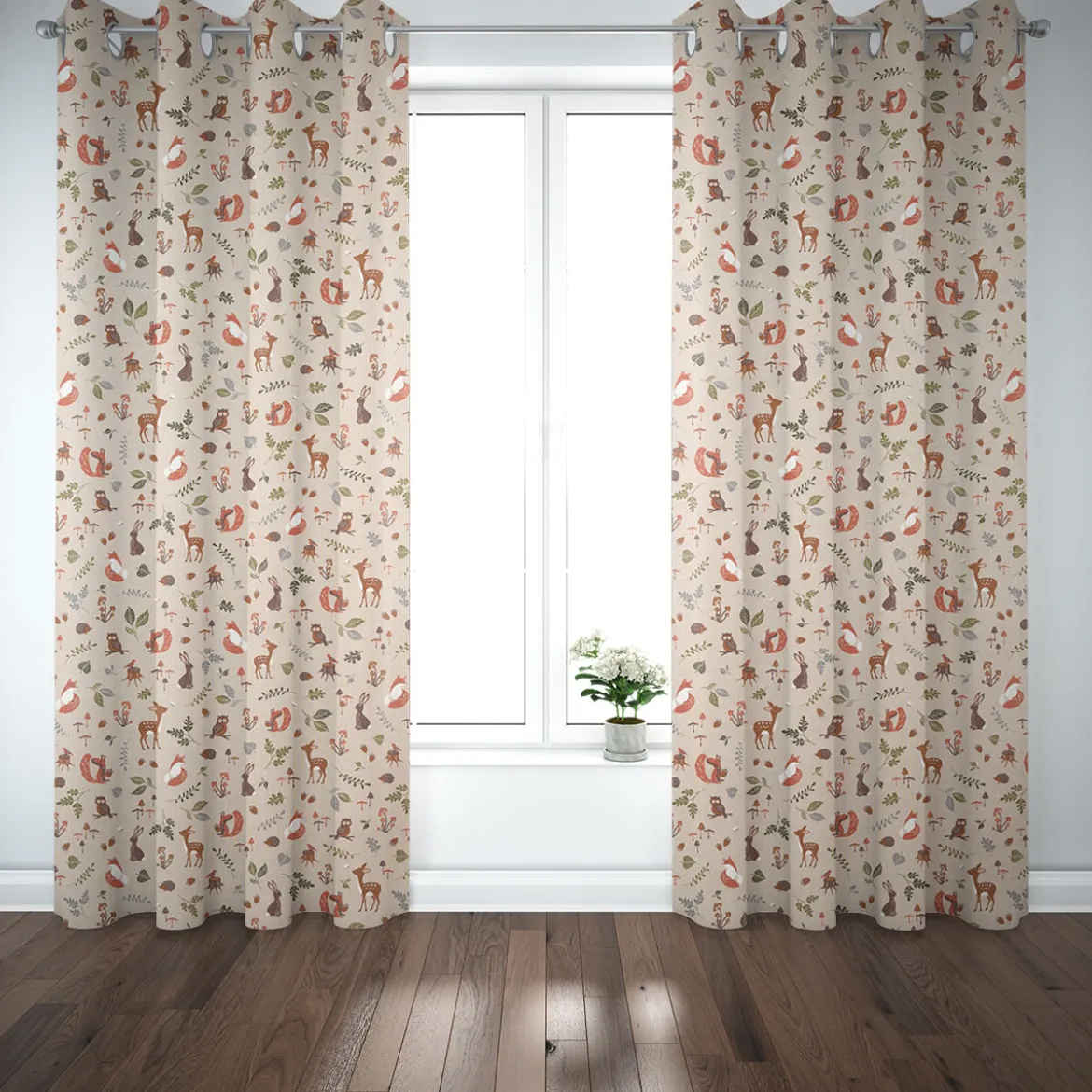 Dekostoff Halbpanama Leinenlook Forest Wood Animals Waldtiere Pilze Blätter natur braun grün 1,40m Breite