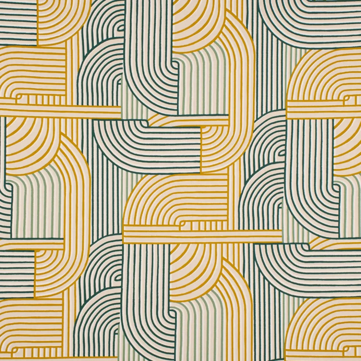 Dekostoff Halb-Panama Leinenlook Courbes Art Deco Geometriedesign natur grün gelb 155cm Breite